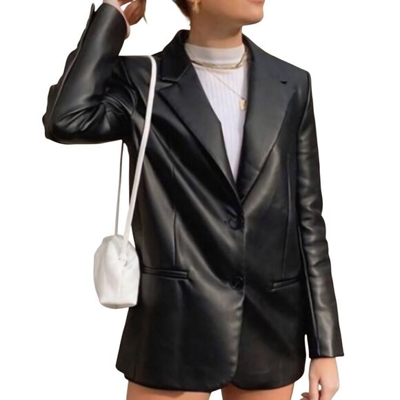 NWT Zara Blazer Women's XXL Black Faux Leather Oversized Two Button Blogger Fave - Picture 1 of 8